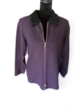 C.D. Petites Purple Textured Zip Front Jacket with Faux Fur Collar Petite Small